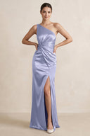 One - Shoulder Ruched Sheath Satin Bridesmaid Dress in Lavender - KISS BRIDAL Bridesmaid Dresses