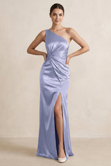 One - Shoulder Ruched Sheath Satin Bridesmaid Dress in Lavender - KISS BRIDAL Bridesmaid Dresses