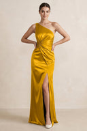 One - Shoulder Ruched Sheath Satin Bridesmaid Dress in Marigold - KISS BRIDAL Bridesmaid Dresses