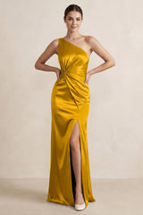 One - Shoulder Ruched Sheath Satin Bridesmaid Dress in Marigold - KISS BRIDAL Bridesmaid Dresses