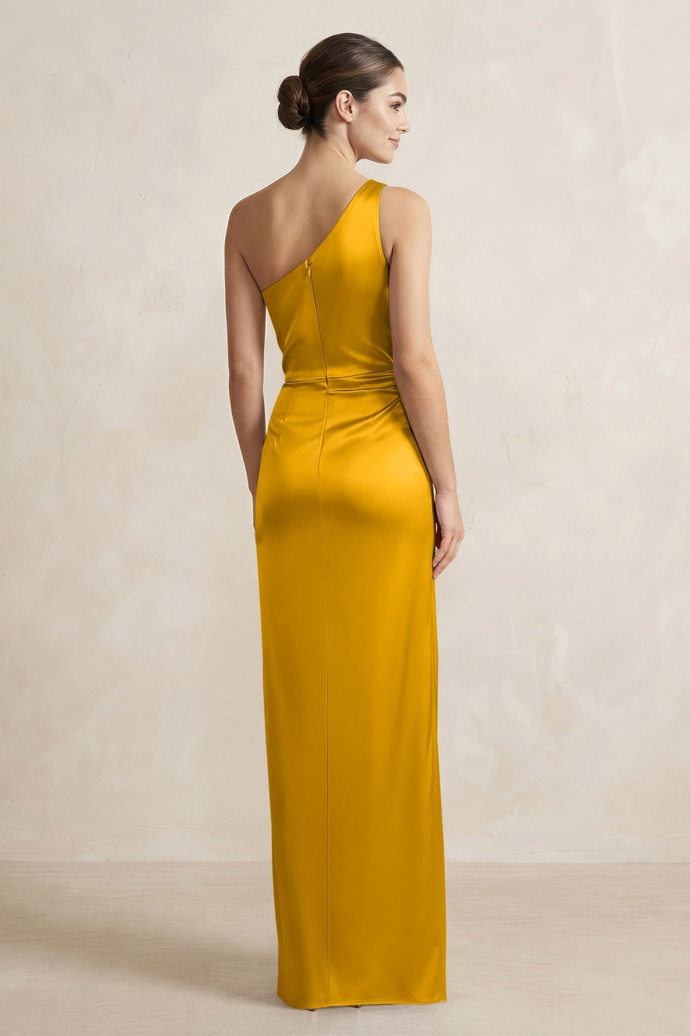 One - Shoulder Ruched Sheath Satin Bridesmaid Dress in Marigold - KISS BRIDAL Bridesmaid Dresses