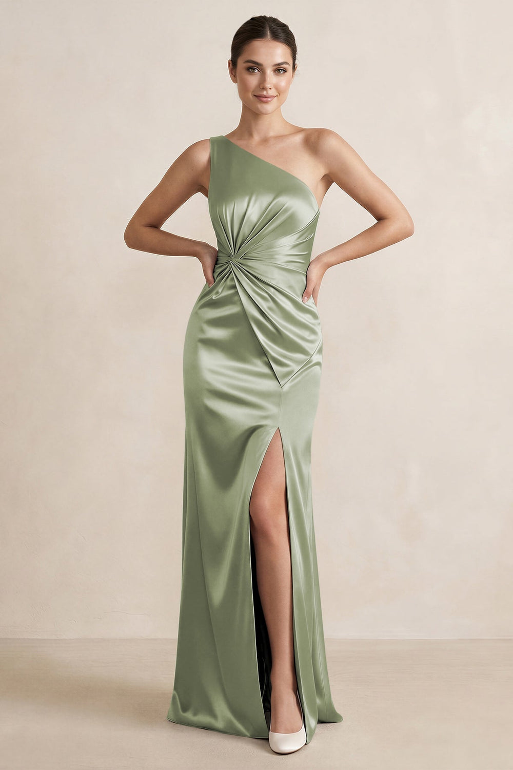 One - Shoulder Ruched Sheath Satin Bridesmaid Dress in Matcha - KISS BRIDAL Bridesmaid Dresses