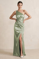 One - Shoulder Ruched Sheath Satin Bridesmaid Dress in Matcha - SHE IS ME Bridesmaid Dresses