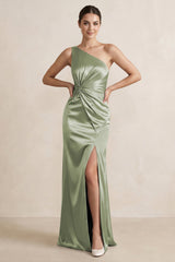 One - Shoulder Ruched Sheath Satin Bridesmaid Dress in Matcha - KISS BRIDAL Bridesmaid Dresses