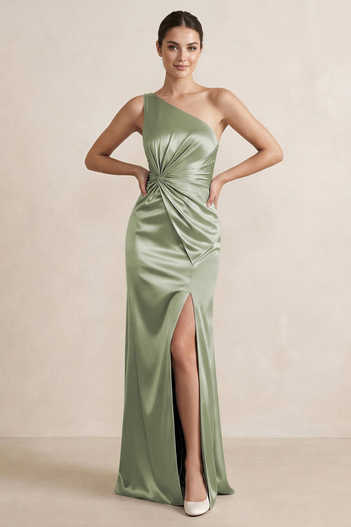 One - Shoulder Ruched Sheath Satin Bridesmaid Dress in Matcha - SHE IS ME Bridesmaid Dresses