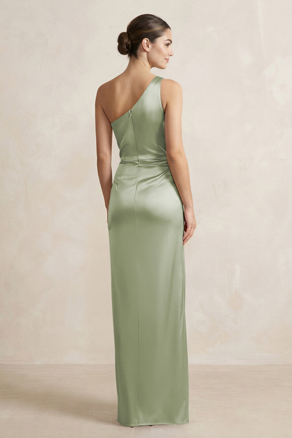 One - Shoulder Ruched Sheath Satin Bridesmaid Dress in Matcha - SHE IS ME Bridesmaid Dresses