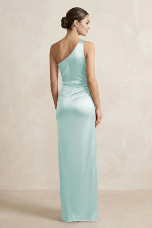 One - Shoulder Ruched Sheath Satin Bridesmaid Dress in Mist - SHE IS ME Bridesmaid Dresses