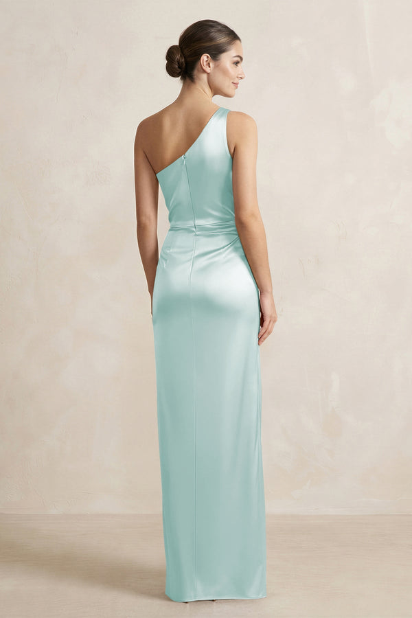 One - Shoulder Ruched Sheath Satin Bridesmaid Dress in Mist - SHE IS ME Bridesmaid Dresses