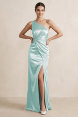 One - Shoulder Ruched Sheath Satin Bridesmaid Dress in Mist - KISS BRIDAL Bridesmaid Dresses