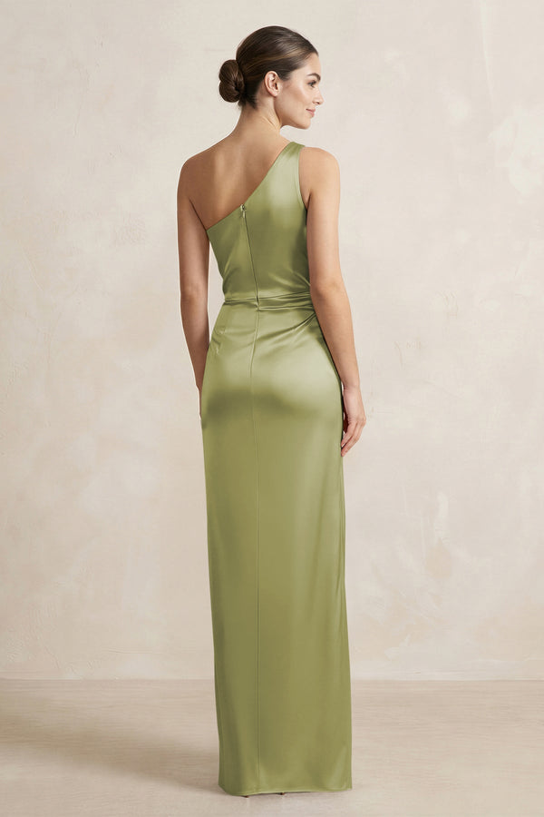 One - Shoulder Ruched Sheath Satin Bridesmaid Dress in Moss Green - SHE IS ME Bridesmaid Dresses