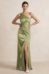 One - Shoulder Ruched Sheath Satin Bridesmaid Dress in Moss Green - KISS BRIDAL Bridesmaid Dresses