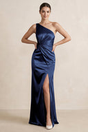 One - Shoulder Ruched Sheath Satin Bridesmaid Dress in Navy - SHE IS ME Bridesmaid Dresses