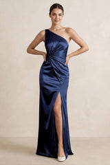 One - Shoulder Ruched Sheath Satin Bridesmaid Dress in Navy - KISS BRIDAL Bridesmaid Dresses