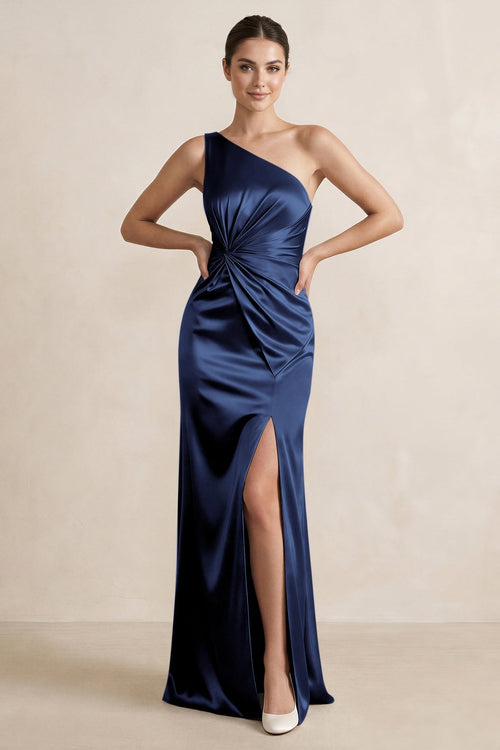 One - Shoulder Ruched Sheath Satin Bridesmaid Dress in Navy - SHE IS ME Bridesmaid Dresses