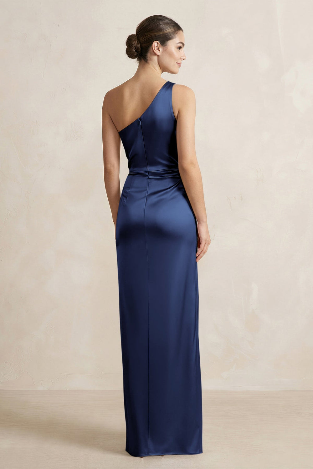 One - Shoulder Ruched Sheath Satin Bridesmaid Dress in Navy - KISS BRIDAL Bridesmaid Dresses