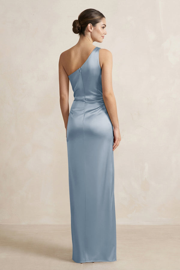 One - Shoulder Ruched Sheath Satin Bridesmaid Dress in Neptune - SHE IS ME Bridesmaid Dresses