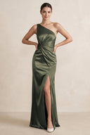 One - Shoulder Ruched Sheath Satin Bridesmaid Dress in Olive - SHE IS ME Bridesmaid Dresses
