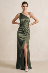 One - Shoulder Ruched Sheath Satin Bridesmaid Dress in Olive - KISS BRIDAL Bridesmaid Dresses