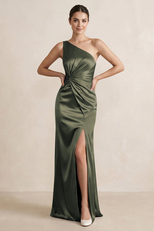 One - Shoulder Ruched Sheath Satin Bridesmaid Dress in Olive - SHE IS ME Bridesmaid Dresses