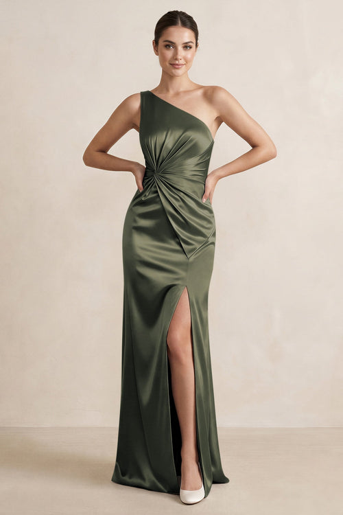 One - Shoulder Ruched Sheath Satin Bridesmaid Dress in Olive - SHE IS ME Bridesmaid Dresses