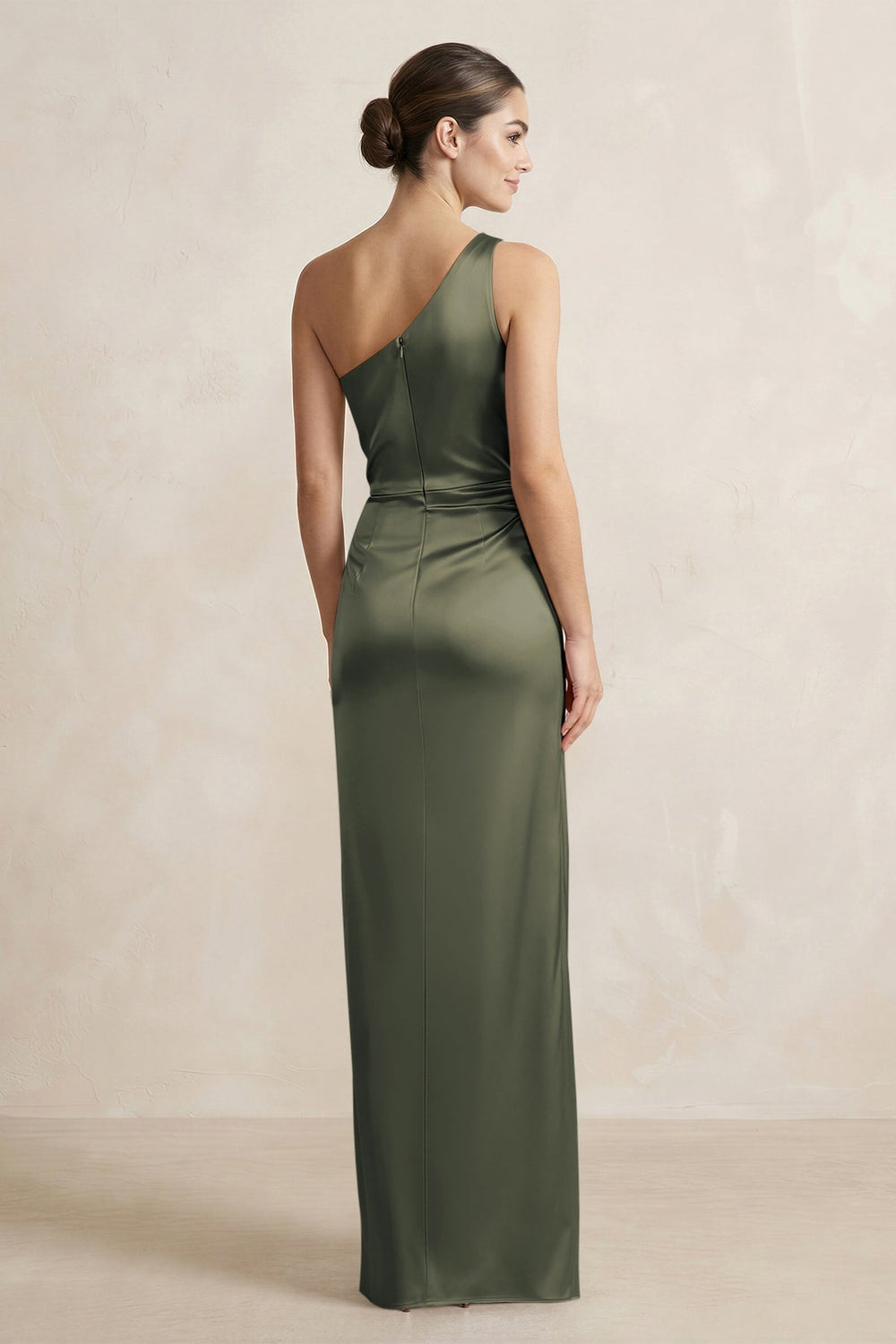 One - Shoulder Ruched Sheath Satin Bridesmaid Dress in Olive - KISS BRIDAL Bridesmaid Dresses