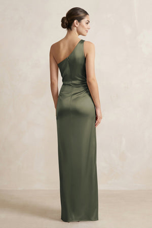 One - Shoulder Ruched Sheath Satin Bridesmaid Dress in Olive - SHE IS ME Bridesmaid Dresses
