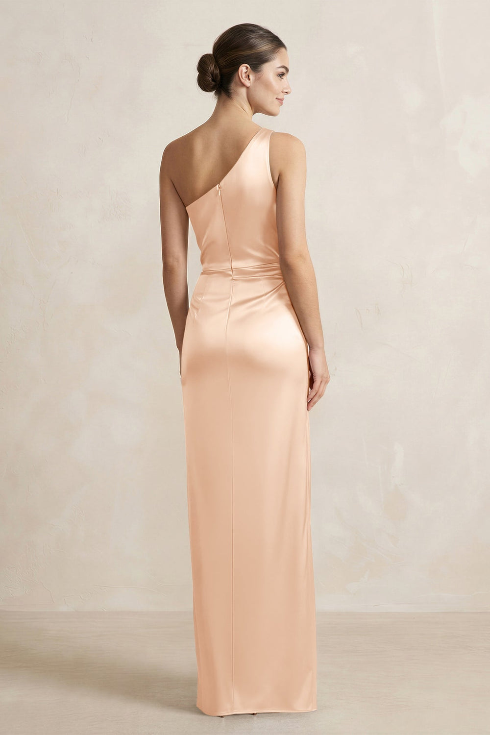 One - Shoulder Ruched Sheath Satin Bridesmaid Dress in Pale Blush - KISS BRIDAL Bridesmaid Dresses