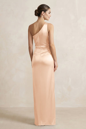 One - Shoulder Ruched Sheath Satin Bridesmaid Dress in Pale Blush - SHE IS ME Bridesmaid Dresses
