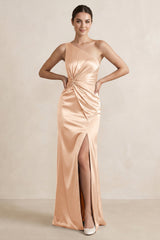 One - Shoulder Ruched Sheath Satin Bridesmaid Dress in Pale Blush - KISS BRIDAL Bridesmaid Dresses
