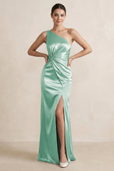One - Shoulder Ruched Sheath Satin Bridesmaid Dress in Pale Pistachio - KISS BRIDAL Bridesmaid Dresses