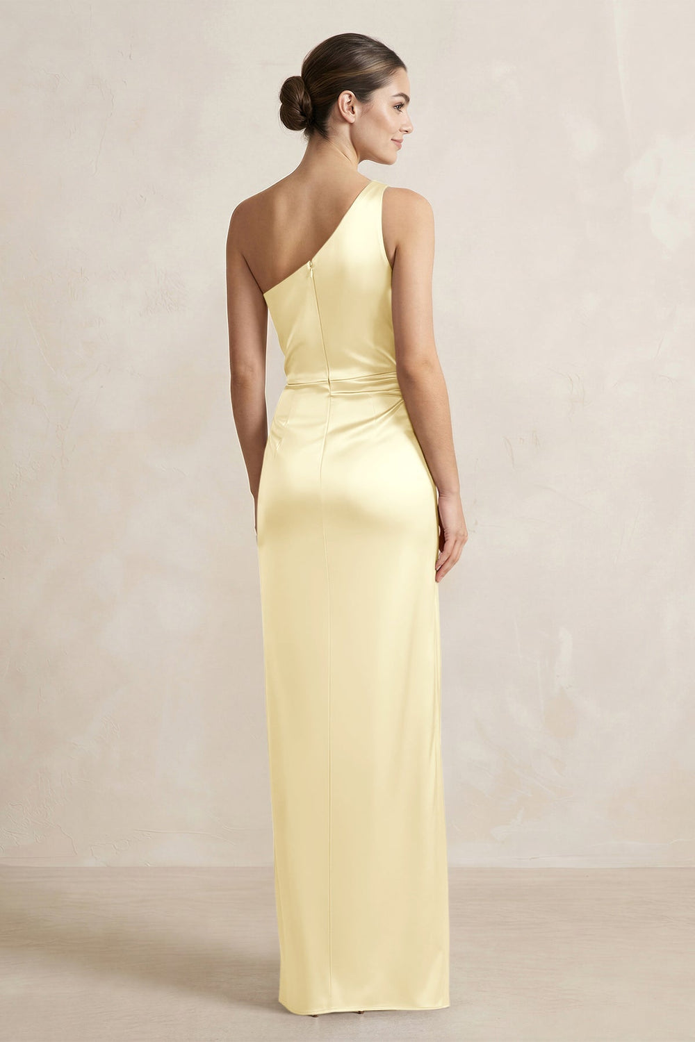One - Shoulder Ruched Sheath Satin Bridesmaid Dress in Pastel Yellow - KISS BRIDAL Bridesmaid Dresses