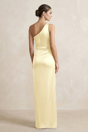 One - Shoulder Ruched Sheath Satin Bridesmaid Dress in Pastel Yellow - KISS BRIDAL Bridesmaid Dresses