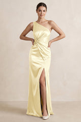One - Shoulder Ruched Sheath Satin Bridesmaid Dress in Pastel Yellow - KISS BRIDAL Bridesmaid Dresses