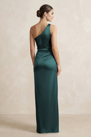 One - Shoulder Ruched Sheath Satin Bridesmaid Dress in Pine - SHE IS ME Bridesmaid Dresses