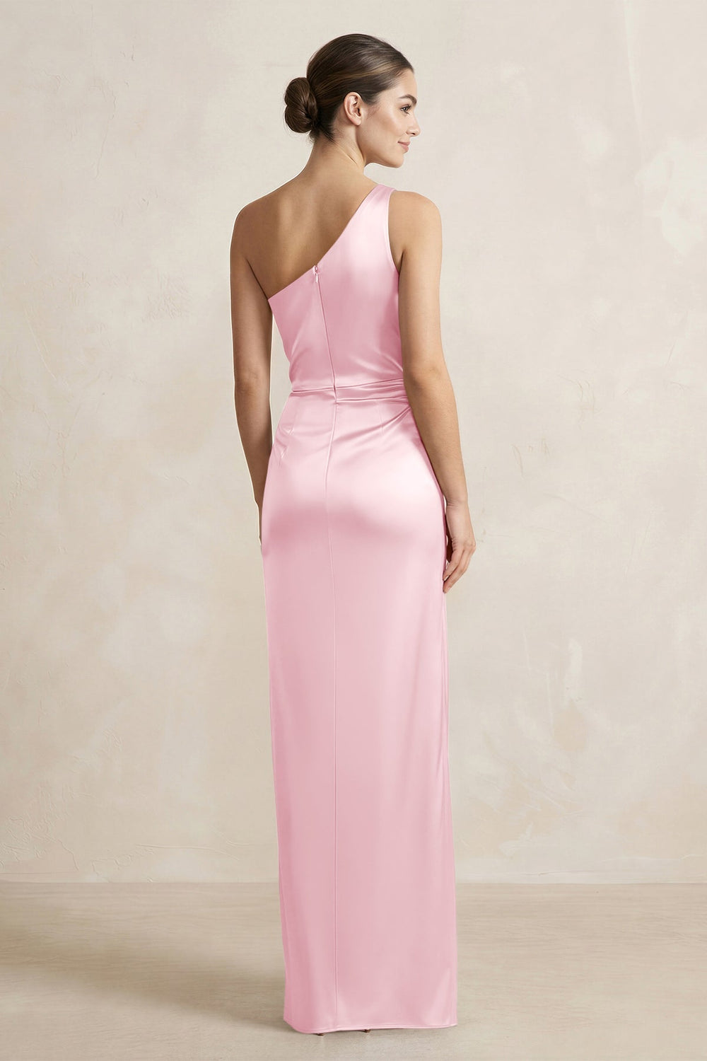 One - Shoulder Ruched Sheath Satin Bridesmaid Dress in Pink - KISS BRIDAL Bridesmaid Dresses