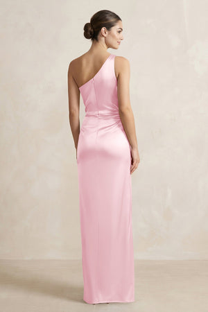 One - Shoulder Ruched Sheath Satin Bridesmaid Dress in Pink - KISS BRIDAL Bridesmaid Dresses