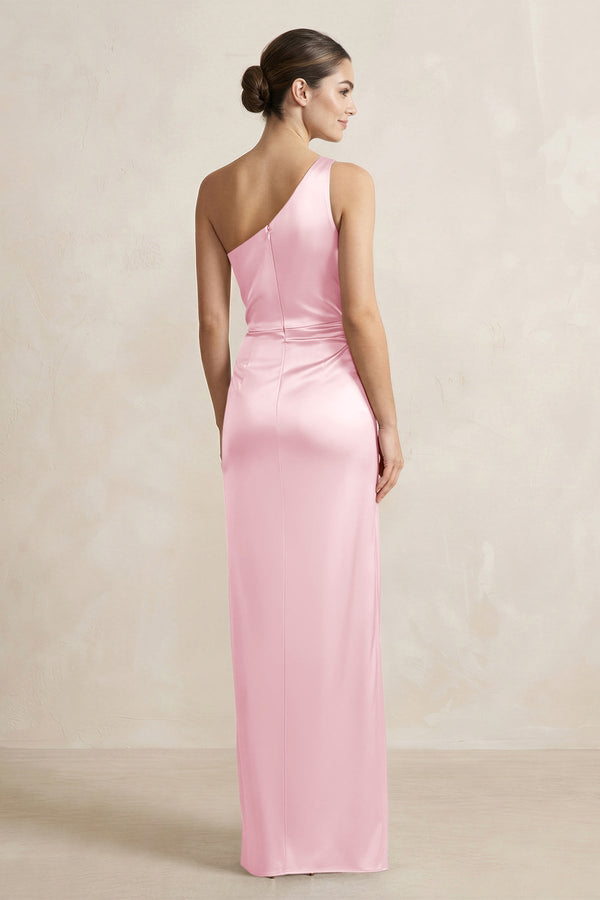 One - Shoulder Ruched Sheath Satin Bridesmaid Dress in Pink - KISS BRIDAL Bridesmaid Dresses