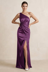 One - Shoulder Ruched Sheath Satin Bridesmaid Dress in Plum - KISS BRIDAL Bridesmaid Dresses