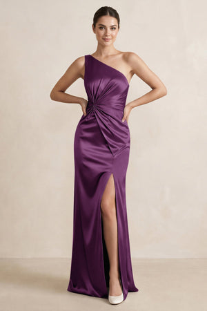 One - Shoulder Ruched Sheath Satin Bridesmaid Dress in Plum - KISS BRIDAL Bridesmaid Dresses