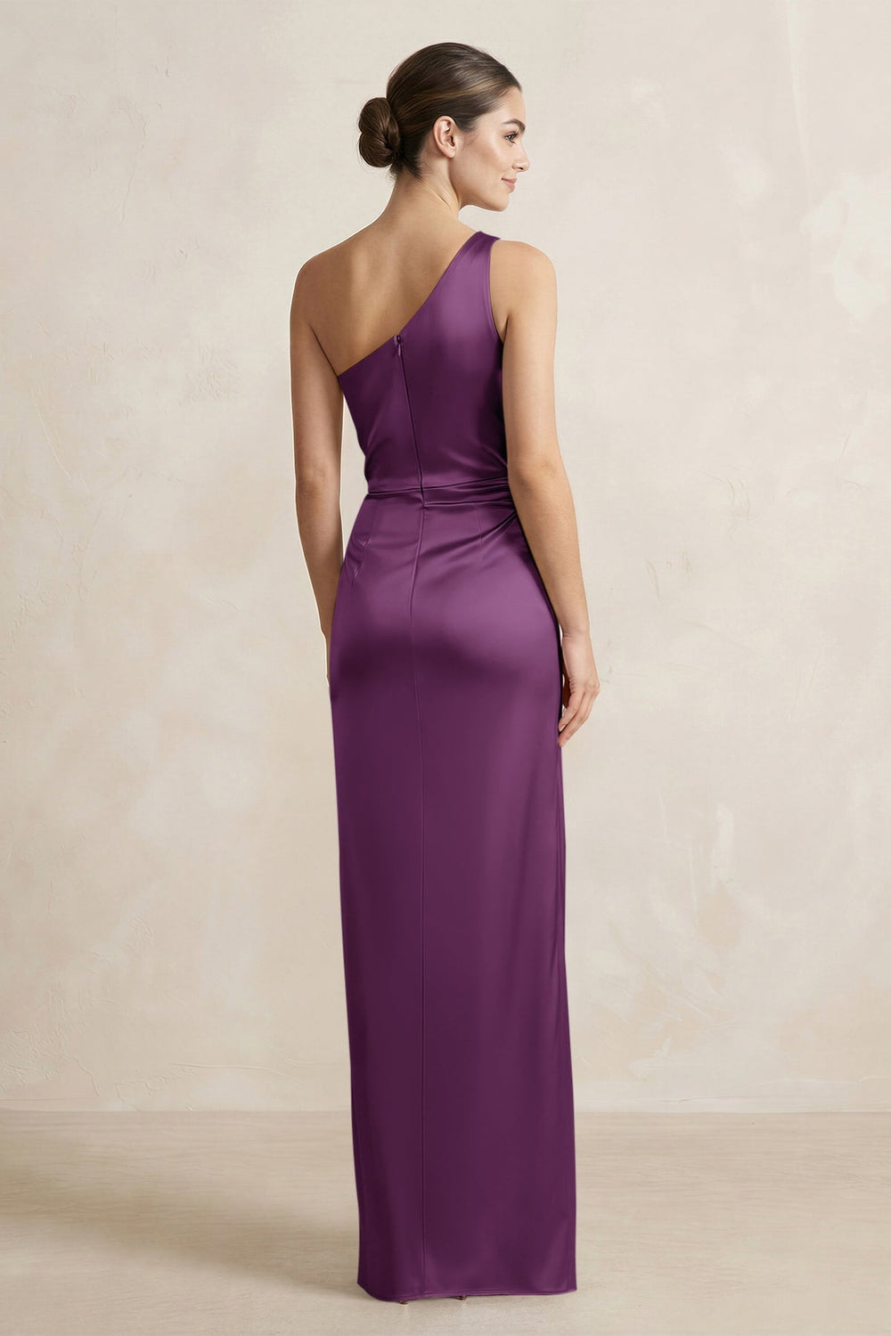 One - Shoulder Ruched Sheath Satin Bridesmaid Dress in Plum - KISS BRIDAL Bridesmaid Dresses