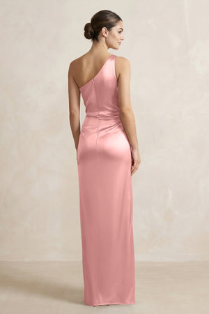 One - Shoulder Ruched Sheath Satin Bridesmaid Dress in Rosette - SHE IS ME Bridesmaid Dresses