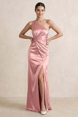 One - Shoulder Ruched Sheath Satin Bridesmaid Dress in Rosette - KISS BRIDAL Bridesmaid Dresses
