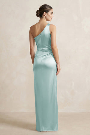 One - Shoulder Ruched Sheath Satin Bridesmaid Dress in Sage - SHE IS ME Bridesmaid Dresses