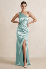 One - Shoulder Ruched Sheath Satin Bridesmaid Dress in Sage - KISS BRIDAL Bridesmaid Dresses