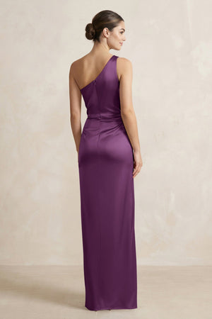 One - Shoulder Ruched Sheath Satin Bridesmaid Dress in Sangria - SHE IS ME Bridesmaid Dresses