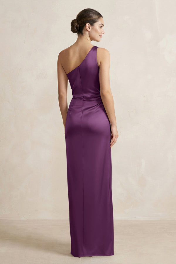 One - Shoulder Ruched Sheath Satin Bridesmaid Dress in Sangria - SHE IS ME Bridesmaid Dresses