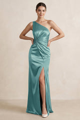 One - Shoulder Ruched Sheath Satin Bridesmaid Dress in Sea Glass - KISS BRIDAL Bridesmaid Dresses