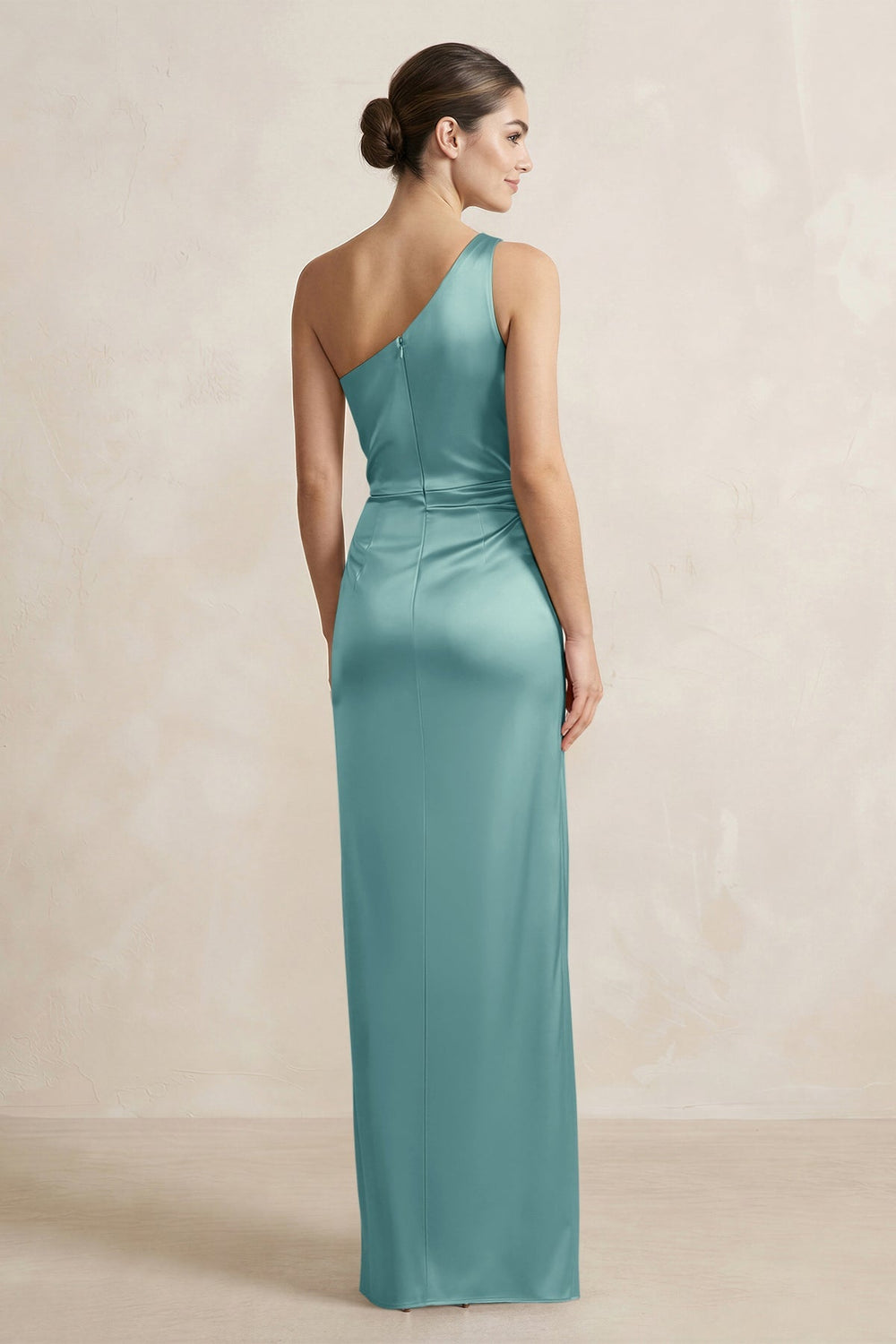 One - Shoulder Ruched Sheath Satin Bridesmaid Dress in Sea Glass - KISS BRIDAL Bridesmaid Dresses