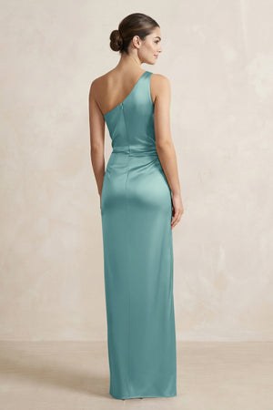 One - Shoulder Ruched Sheath Satin Bridesmaid Dress in Sea Glass - KISS BRIDAL Bridesmaid Dresses