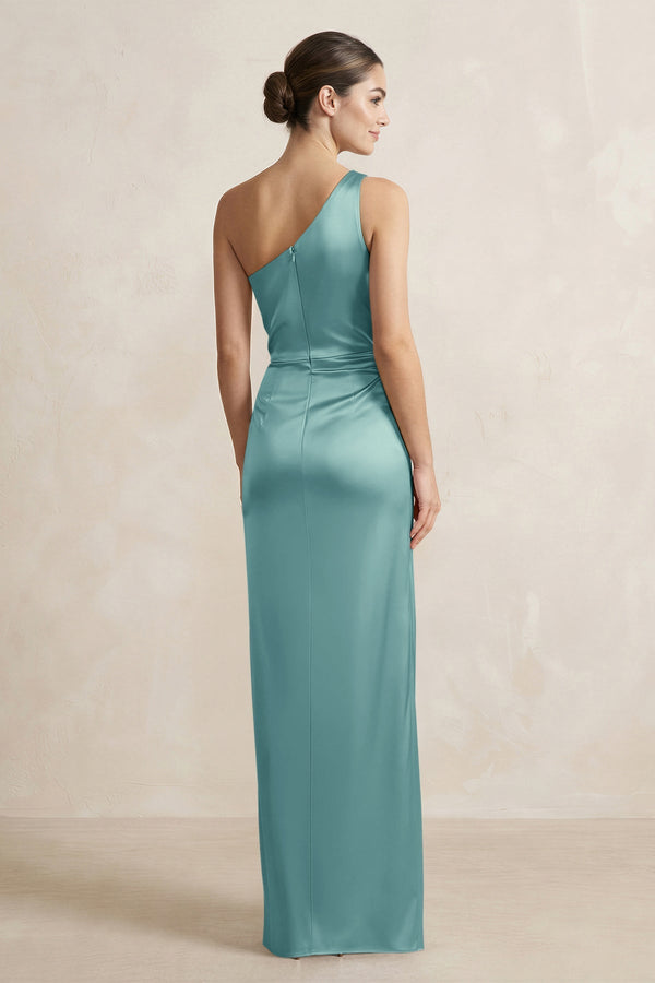 One - Shoulder Ruched Sheath Satin Bridesmaid Dress in Sea Glass - KISS BRIDAL Bridesmaid Dresses
